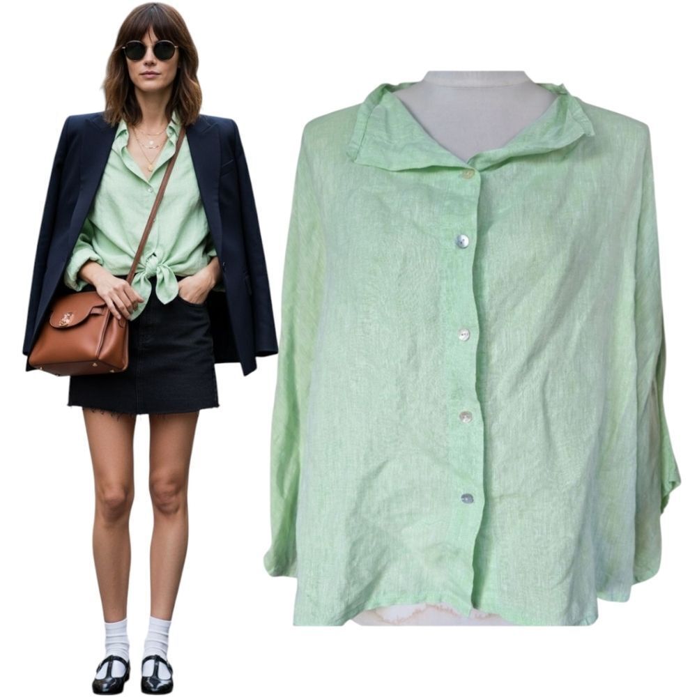 Alexia von Beck Light Mint Green 100 Linen Flowy Button Down Blouse L